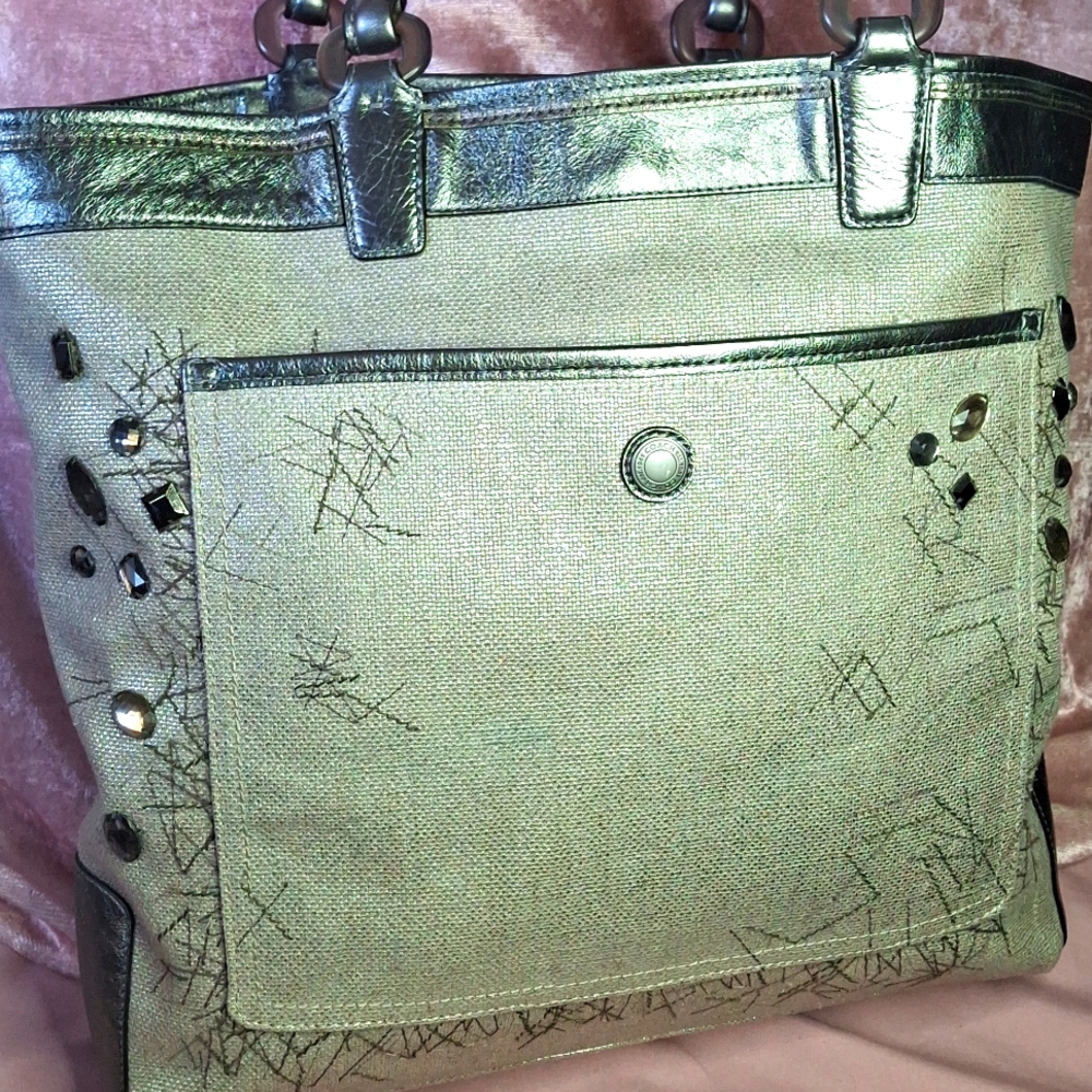 Coach Metallic Silver Tote Bag Jeweled Rare 18 x 15 x 4 w/Coach dust/paperbag - Picture 8 of 16